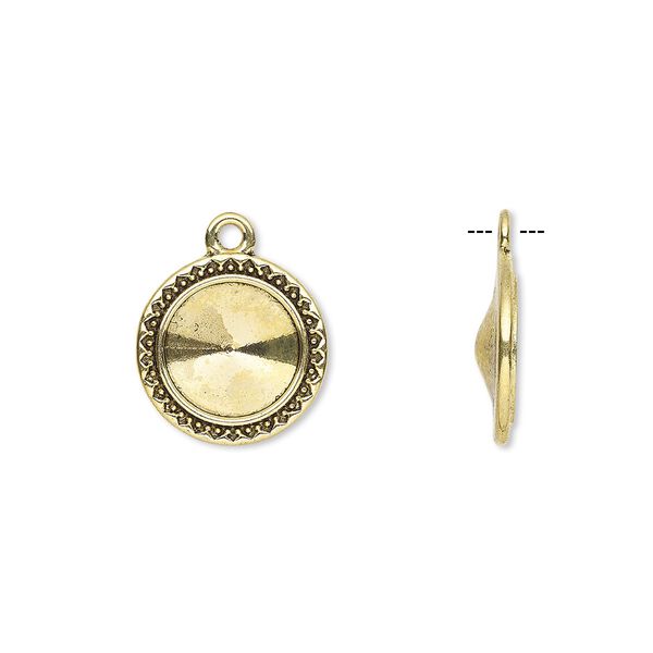 Drop, Almost Instant Jewelry&reg;, antique gold-finished "pewter" (zinc-based alloy), 17mm round with triangle and beaded design with 12mm rivoli setting. Sold per pkg of 6. image number 0