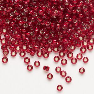 Seed bead, Miyuki, glass, pkg/250g, #8 rocaille, transparent silver-lined ruby red (RR-11).