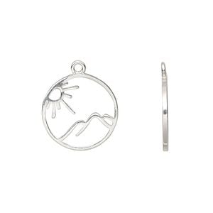 Charm Amoracast&reg; 1pkg1 sterling silver, 14mm 2-sided open sunny mountains round