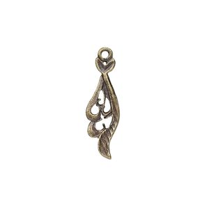 Drop, antique brass-plated "pewter" (zinc-based alloy), 17x7mm fancy leaf. Sold per pkg of 10.