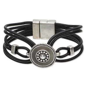 Bracelet, 6-strand, leather (dyed) / crystals / epoxy / antique silver-finished "pewter" (zinc-based alloy), grey and clear, 24mm wide with 23mm flat round, 6-1/2 inches with magnetic clasp. Sold individually.