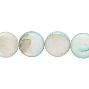Mother-of-pearl shell 1pkg1, puffed flat round bead 15 inch light blue 12-13mm