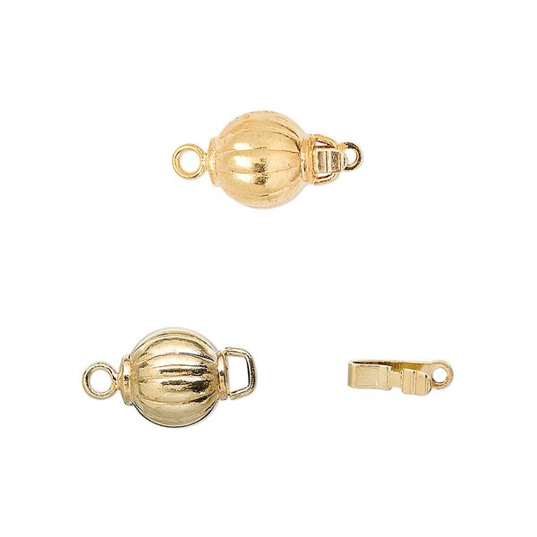 Clasp tab 1pkg10 gold-plated, 8mm corrugated round / safety latch, brass 1-strand image number 0
