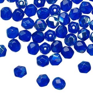 Bead 1pkg1 Czech fire-polished glass, 6mm faceted round, 1 mass translucent light cobalt AB