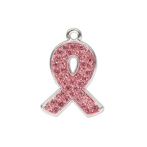 Charm, glass rhinestone / enamel / silver-finished "pewter" (zinc-based alloy), pink, 23x19mm single-sided awareness ribbon. Sold individually.