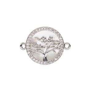 Link, mother-of-pearl shell (bleached) / cubic zirconia / silver-finished brass 1pkg1, clear and white, 15mm single-sided round with tree of life design.