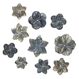 Focal and component mix, mother-of-pearl shell (dyed) 1pkg10, steel blue and grey, 12-25mm hand-carved flower.