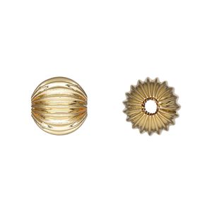 Bead 1pkg10 gold-plated, 11.5mm corrugated round, brass