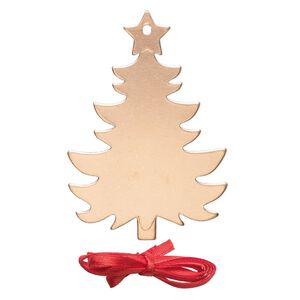 Ornament, ImpressArt&reg;, copper and polyester, 2-7/8 x 2 inch holiday tree with ribbon. Sold per pkg of 2.