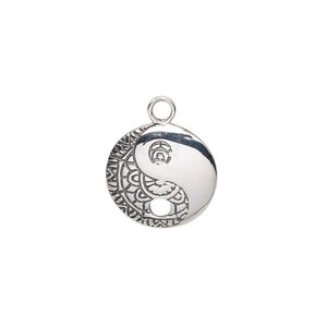 Charm, antiqued sterling silver, 15mm single-sided domed round with yin-yang and mandala designs and 2.7mm bottom hole. Sold individually.