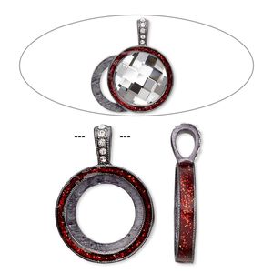 Pendant, Almost Instant Jewelry&reg;, epoxy / crystals / gunmetal-finished "pewter" (zinc-based alloy), light Siam red and crystal clear with glitter, 33x24mm single-sided with 20mm round setting. Sold individually.