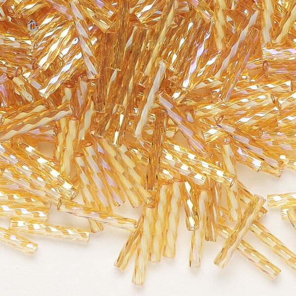 Bugle bead, Dyna-Mites&trade;, glass, translucent rainbow gold, 12mm twisted. Sold per 50-gram pkg. image number 0