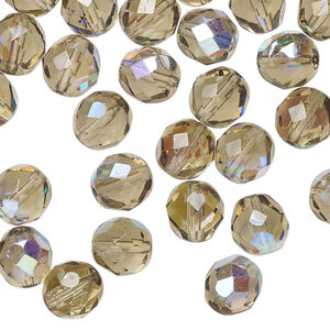 Bead, Czech fire-polished glass 1pkg50, translucent smoke half-coated AB, 8mm faceted round.