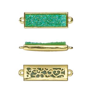 Link, Druzylite&trade;, "druzy" (resin) and gold-finished brass, green, 21x8mm two-sided rectangle with open filigree back. Sold per pkg of 4.