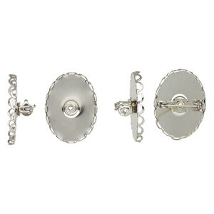 Pin back 1pkg4 silver-finished, 26x20mm scalloped oval / 25x18mm oval setting, steel