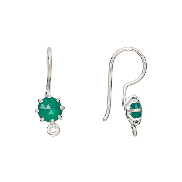 Ear wire fishhook 1pkg2 sterling silver / green onyx, 22mm / 7.5mm hand-cut faceted round / closed loop, 19 gauge 1 pair image number 0