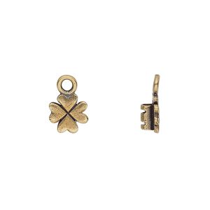 Crimp end 1pkg2 brass, 8mm 4-leaf clover / loop / 2mm inside diameter, antiqued