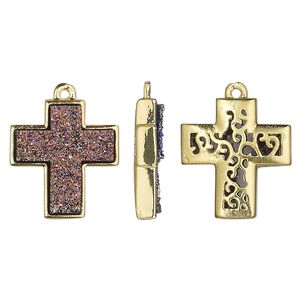 Drop, Druzylite&trade;, "druzy" (resin) and gold-finished brass, metallic purple, 18x16mm two-sided cross with open filigree back. Sold per pkg of 4.
