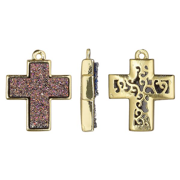 Drop, Druzylite&trade;, "druzy" (resin) and gold-finished brass, metallic purple, 18x16mm two-sided cross with open filigree back. Sold per pkg of 4. image number 0