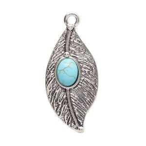 Focal, antique silver-finished "pewter" (zinc-based alloy) and "turquoise" (resin) (imitation), turquoise blue, 34x17mm single-sided feather. Sold per pkg of 2.