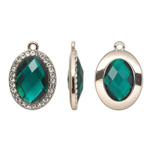 Drop, glass / glass rhinestone / gold-finished "pewter" (zinc-based alloy), clear and transparent emerald green, 23.5x19mm single-sided oval. Sold per pkg of 2.