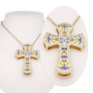 Necklace, Avant-Garde Jewelry Collection, enamel / Czech glass rhinestone / gold-plated steel / "pewter" (zinc-based alloy), multicolored, 3-1/4 x 2-1/2 inch cross, 30-inch continuous loop. Sold individually.