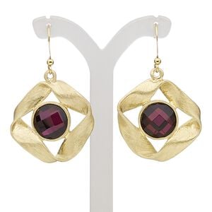 Earring, glass with gold-finished brass and "pewter" (zinc-based alloy), purple, 45mm with scratched diamond and fishhook ear wire. Sold per pair.