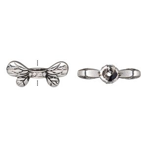 Bead 1pkg2 silver-finished "pewter", 22x9.5mm bee wing / fits up to 8mm bead, clear rhinestone / antique