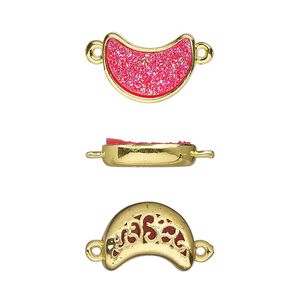 Link, Druzylite&trade;, "druzy" (resin) and gold-finished brass, hot pink, 14x10mm two-sided moon with open filigree back. Sold per pkg of 4.