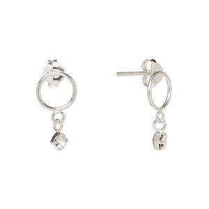 Earstud, Create Compliments&reg;, sterling silver and crystal, clear, 16.5x8.5mm. Sold per pair.