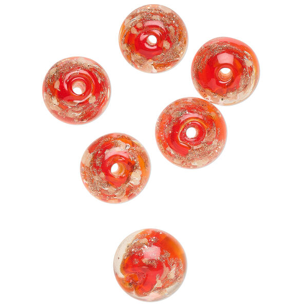 Bead, lampworked glass, clear / red / glow-in-the-dark / gold, 10mm round. Sold per pkg of 6. image number 0