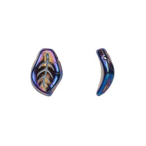 Bead, Czech pressed glass, iris blue, 14x9mm top-drilled leaf. Sold per 15-1/2" to 16" strand, approximately 60 beads.