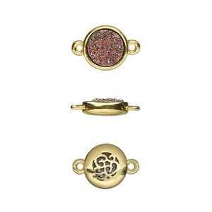 Link, Druzylite&trade;, "druzy" (resin) and gold-finished brass, metallic purple, 9.5mm two-sided round with open filigree back. Sold per pkg of 4.