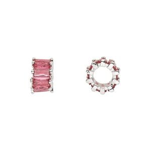 Bead 1pkg2 silver-plated, 10.5x6mm rondelle, brass / fuchsia cubic zirconia