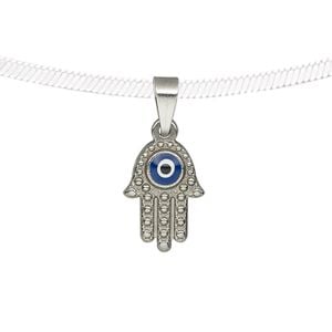Pendant, enamel and stainless steel, blue / white / black, 16x11.5mm two-sided textured Fatima hand with eye design. Sold individually.
