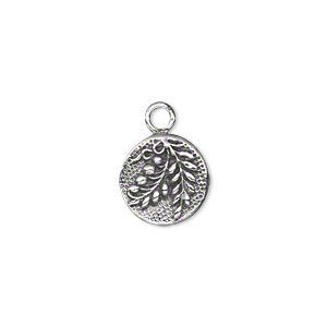 Drop, antiqued sterling silver, 12mm single-sided flat round with leaves. Sold individually.