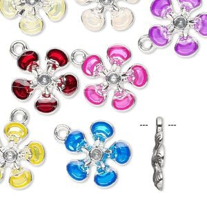 Charm, enamel / glass rhinestone / silver-finished "pewter" (zinc-based alloy), assorted colors, 14x14mm flower. Sold per pkg of 8.