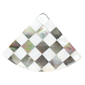 Focal, black lip shell / mother-of-pearl shell / resin (assembled) 1pkg1, 62x44mm-65x49mm top-drilled 1sided fan with checkerboard pattern.
