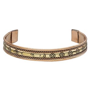 Bracelet, cuff, antiqued copper and brass, 11mm wide with twisted wire and spiral design, 8-inch adjustable. Sold individually.