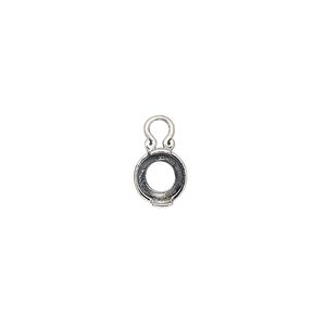Drop, antiqued sterling silver, 7mm round with dot design and open back with 6mm 2-prong round cabochon setting. Sold individually.