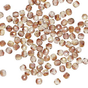 Bead, Czech fire-polished glass 1pkg1200, pink and peach luster, 3mm faceted round.