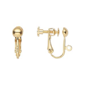 Earring clip-on 1pkg10 gold-plated, 15mm hinged screwback / 5mm half-ball / open loop, brass 5 pair