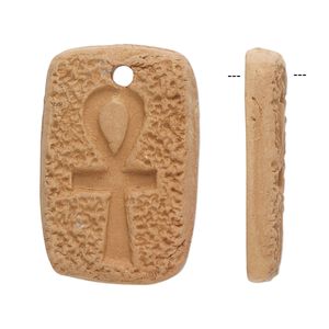 Focal, terra cotta, 33x20mm-34x22mm single-sided flat rectangle with ankh design. Sold per pkg of 2.