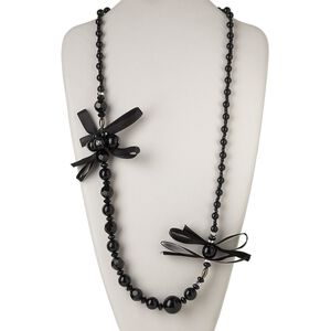 Necklace, organza / acrylic / silver-coated plastic, black, 32-inch continuous loop. Sold individually.