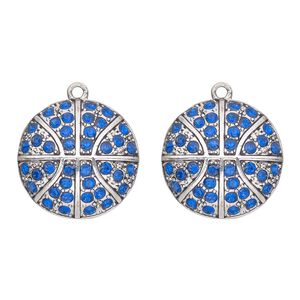 Charm, antique silver-finished "pewter" (zinc-based alloy) and glass, blue, 24mm single-sided basketball. Sold per pkg of 2.