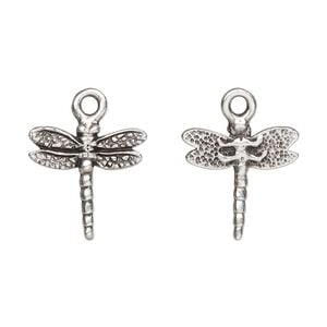 Charm, TierraCast&reg;, antique silver-plated pewter (tin-based alloy), 16mm two-sided dragonfly. Sold per pkg of 20.