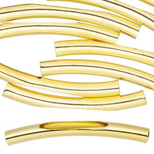 Bead 1pkg10 gold-finished, 45x5mm curved tube / cutout long oval, brass