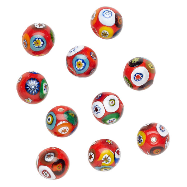 Bead, millefiori glass 1pkg10, multicolored, 16mm round. image number 0