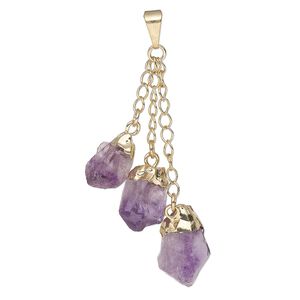 Pendant, Everyday Jewelry, gold-plated brass and amethyst (natural), (3) 49-51mm dangling points. Sold individually.