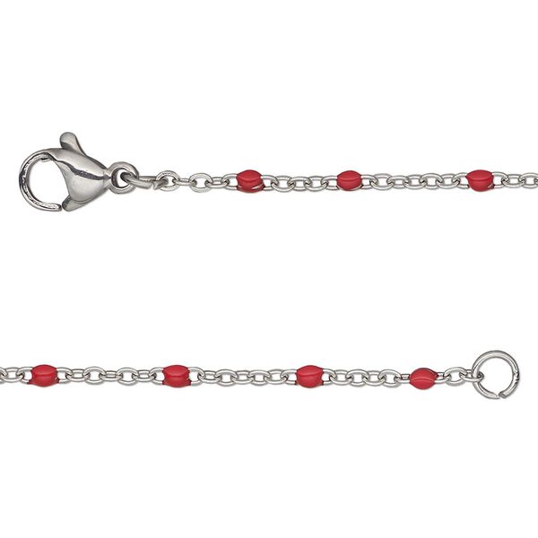 Chain 1pkg1 cable, 1.7mm flat / 2mm ball / lobster claw clasp, stainless steel / red enamel 20 inch image number 0